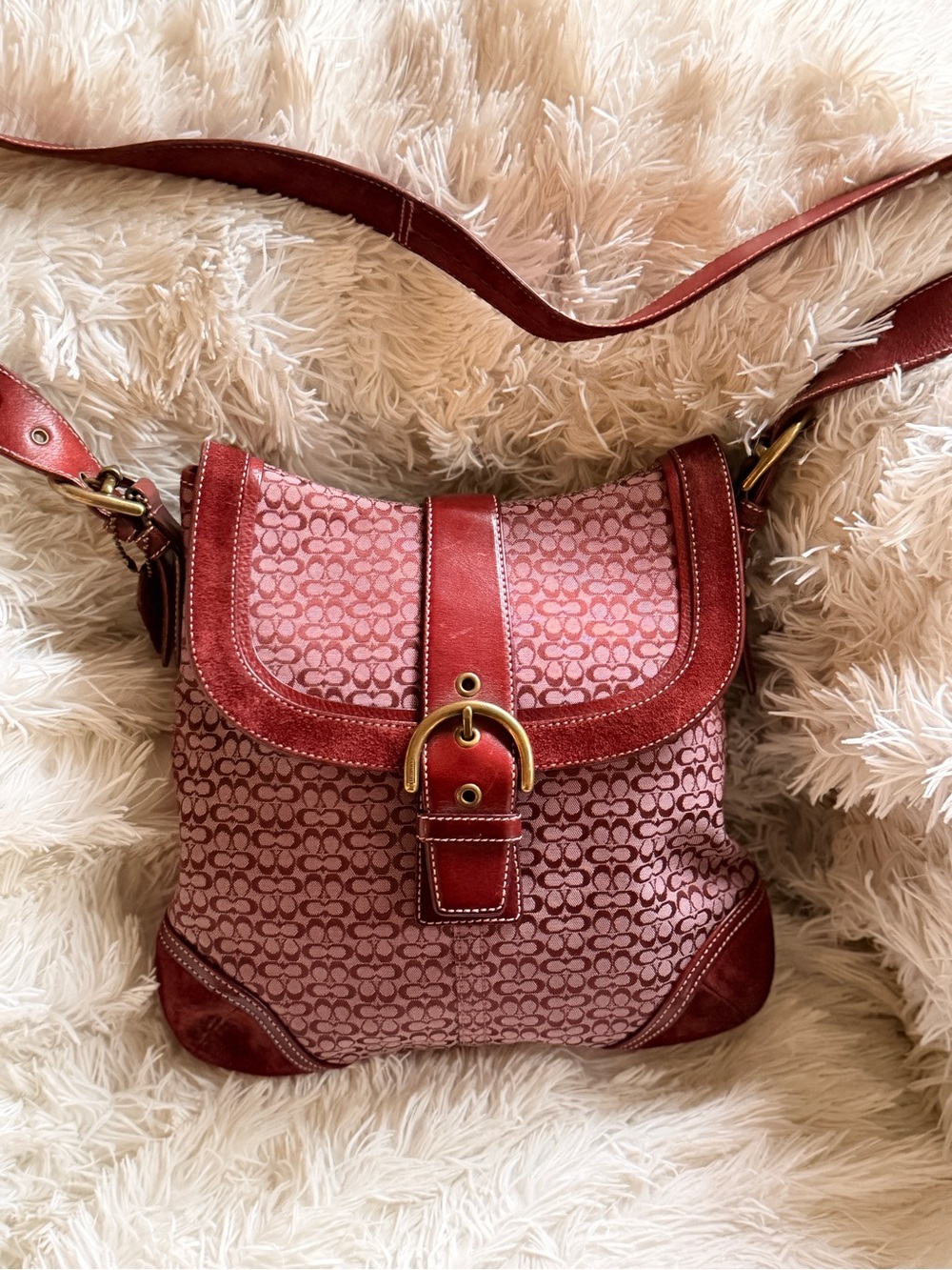 Coach Burgundy Signature Monogram Crossbody Bag with Red Leather Trim